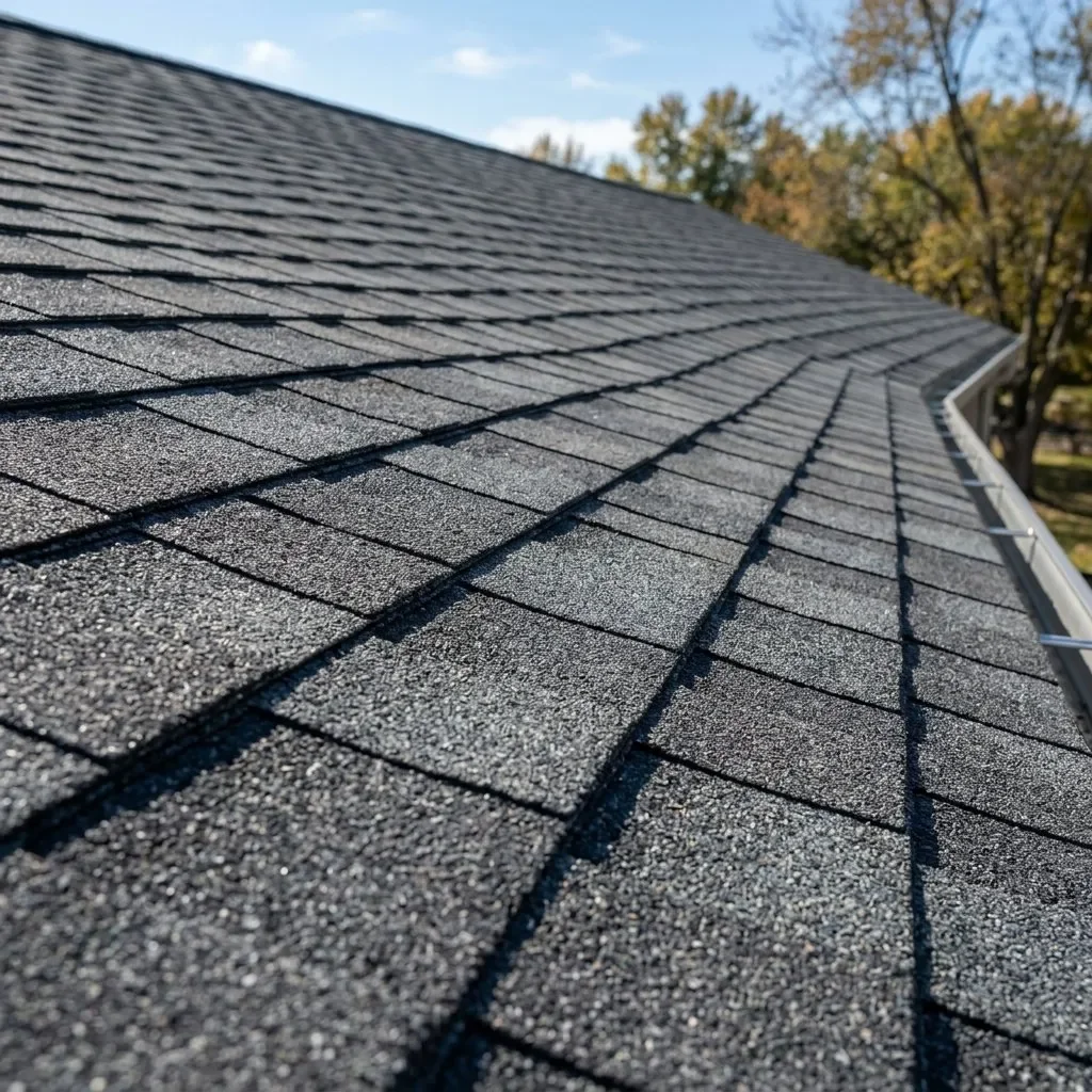 Close-up of a black asphalt shingle roof with trees and a blue sky in the background.