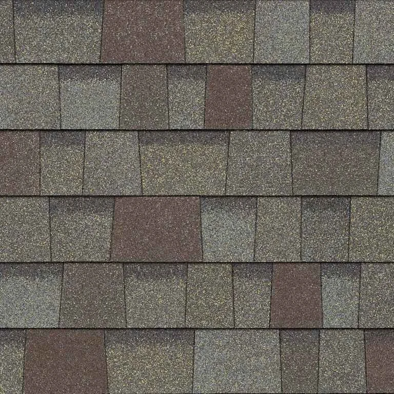 Close-up of asphalt shingles on a roof, showing individual shingles with textured surface and varying shades of gray, brown, and reddish-brown.